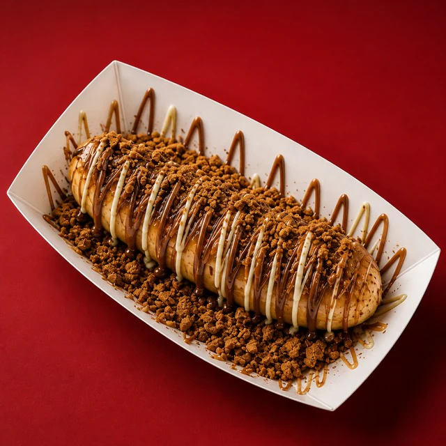 Biscoff Loaded Banana with caramel and white chocolate drizzle