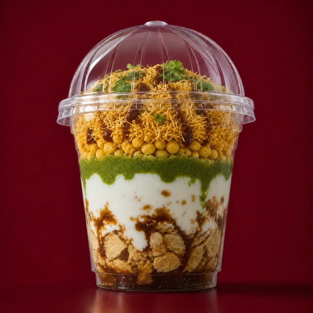 Layer dahi puri with curd, chutneys and sev