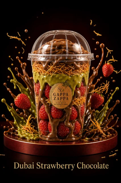 Dubai Strawberry Chocolate cup with strawberries, pistachio, kunafa and milk chocolate