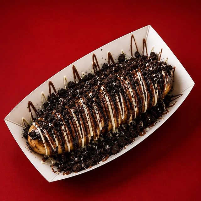 Oreo Loaded Banana with milk and white chocolate drizzle