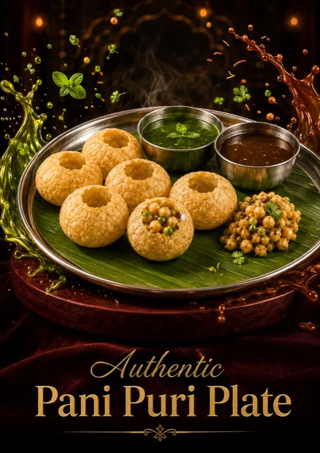 Authentic pani puri plate with ragda and chutneys